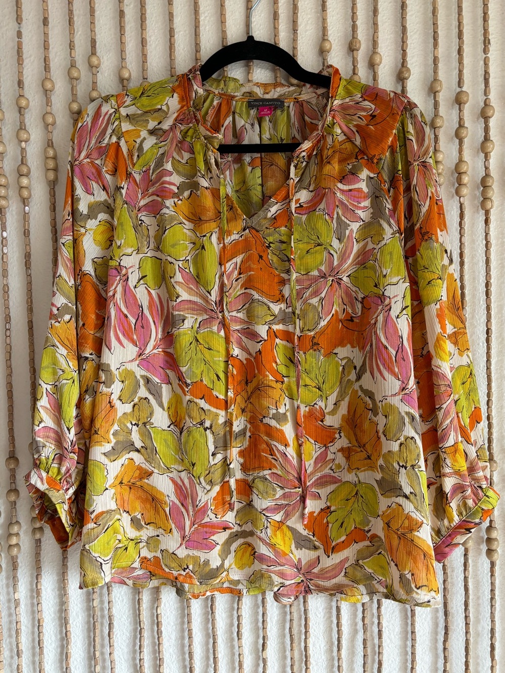 Vince Camuto Orange Pink Floral Silky Puff Long Sleeve V Neck Boho Peasant Top M